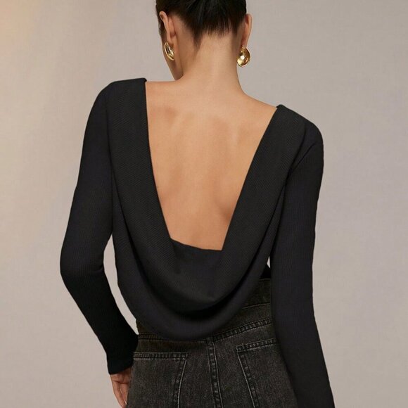 Black Casual Women's Backless Collar Long Sleeve Elegant Bodysuit - Picture 6 of 7